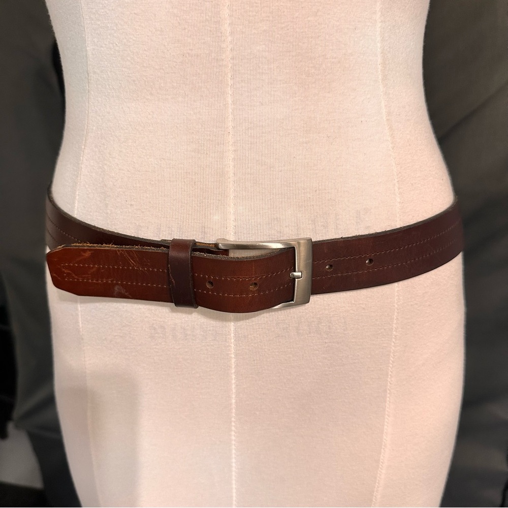 Handcrafted Leather Men's Belt Stitched Brown Classic Nickel Buckle Western